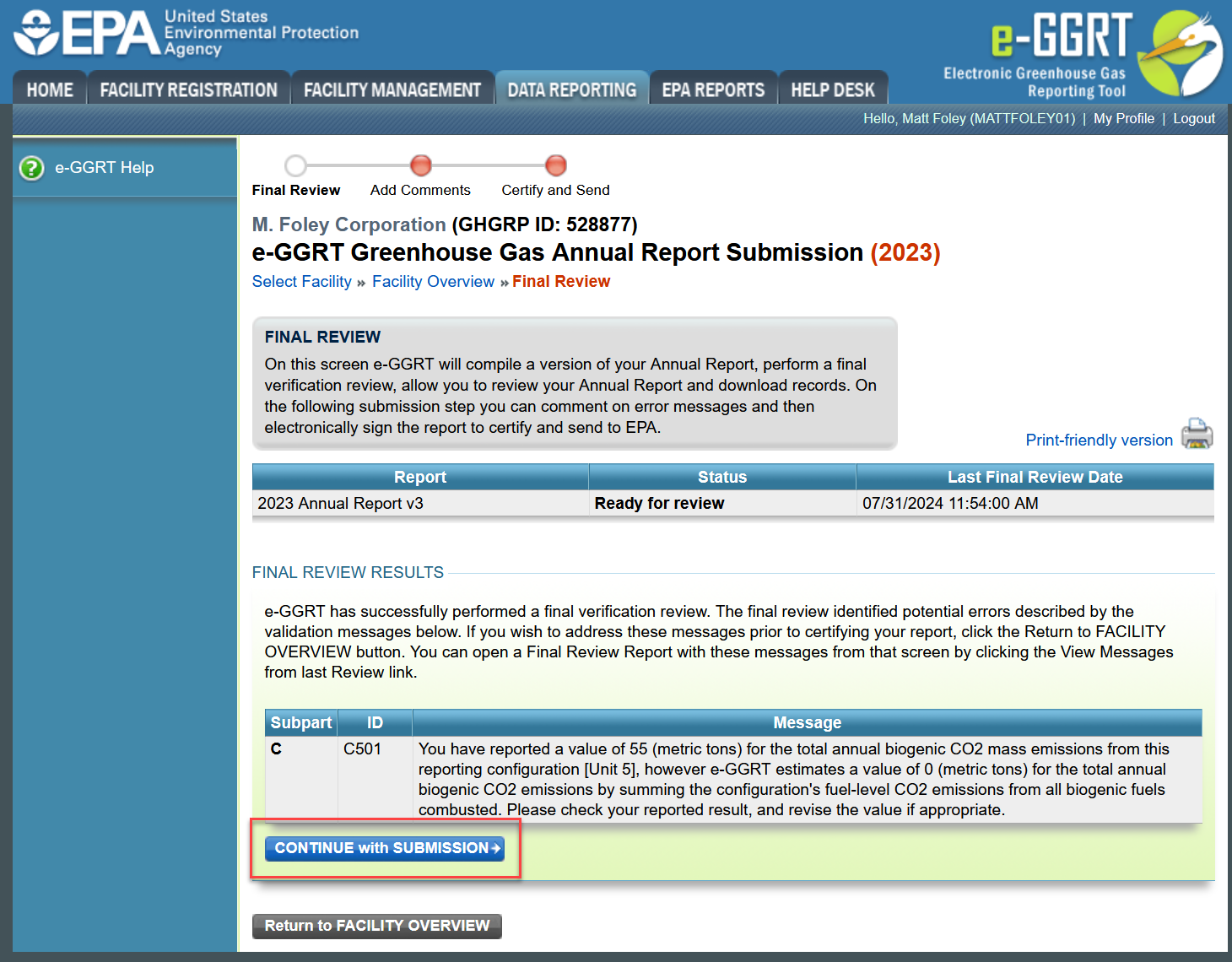 Click the CONTINUE with SUBMISSION button to proceed with the report